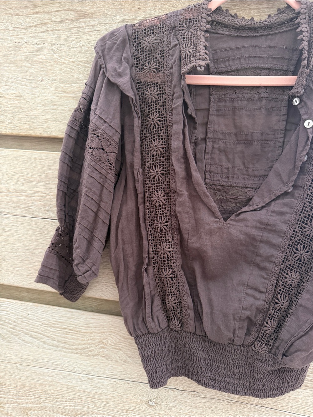 Free People Brownish Purple Lace-Trim Peasant Blouse - Women's Top BOHO western - Picture 3 of 7